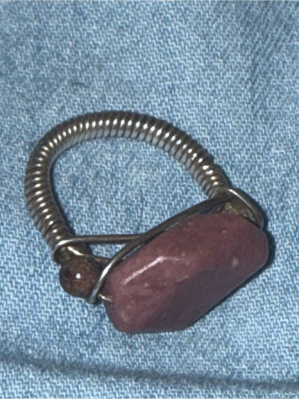 Vintage Artisan Sterling Silver Wire-Wrapped Ring w Natural Pink Rhodonite Stone